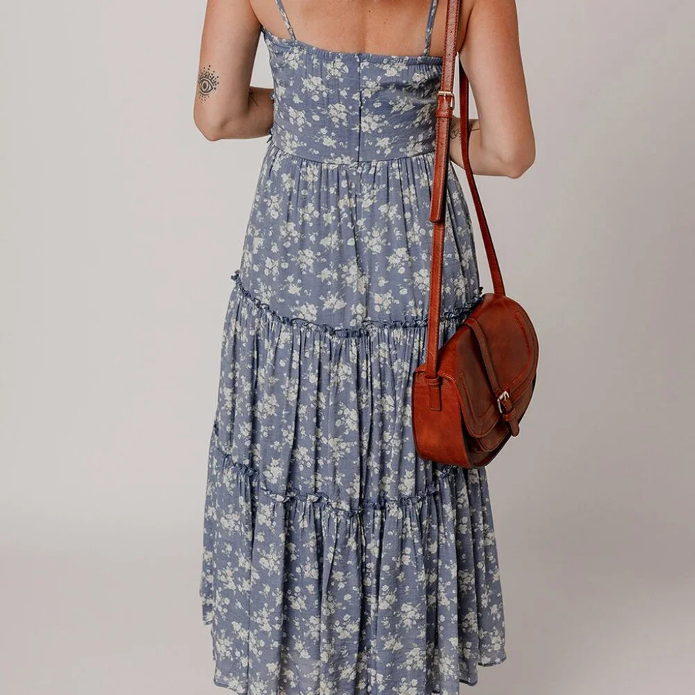B266 Blue Floral Spaghetti Strap Frilled V Neck Tiered Midi Dress - Picture 8 of 16